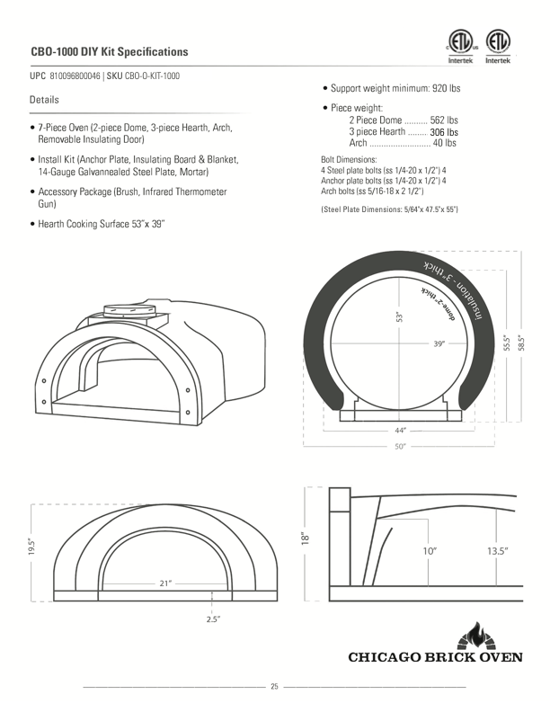 Diagram of the Chicago Brick Oven CBO 1000 DIY Kit specifications. Shows various views and dimensions of a large outdoor wood-fired oven with a 53" x 39" cooking surface. Includes component weights, kit contents, and specific measurements. Features ETL certifications and "Chicago Brick Oven" branding, perfect for high-performance outdoor pizza ovens.