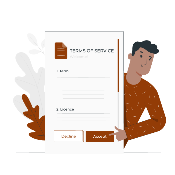 Illustration of a person holding a large document labeled "Terms of Service." The document has two sections: "Term" and "Licence," with lines indicating text. At the bottom, there are two buttons: one labeled "Decline" and the other labeled "Accept." The person is smiling and wearing a brown sweater.