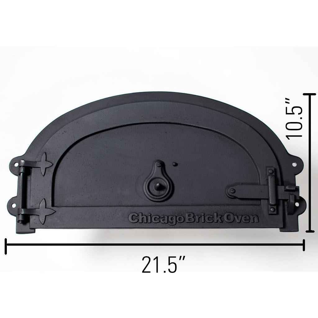 A CBO Decorative Door in black cast iron is shown against a white background. From Chicago Brick Oven, this door is suitable for CBO 500 & 750 Models and features a central handle with a left-side hinge mechanism. Dimensions are displayed: width is 21.5 inches, height is 10.5 inches.