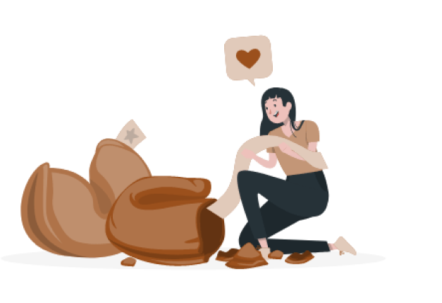 Illustration of a woman holding a long fortune slip, kneeling by a giant broken fortune cookie with a smaller star-shaped paper beside it. The woman has a heart symbol above her, suggesting excitement or love for the fortune.