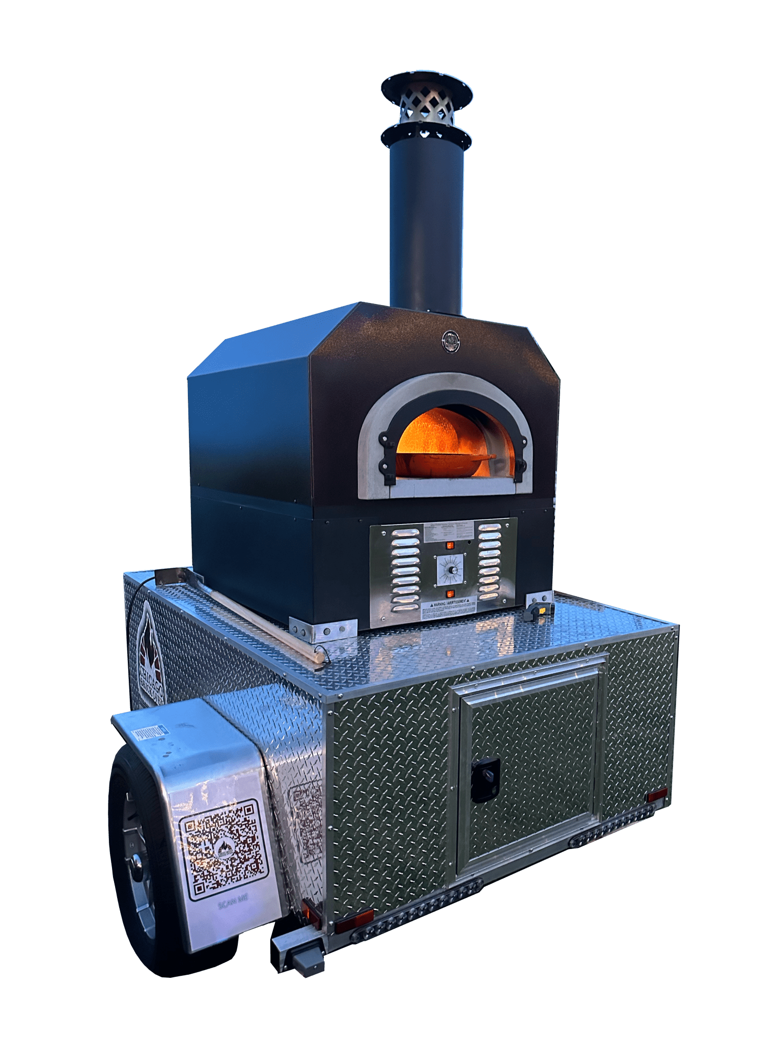 The CBO 750 Tailgater by Chicago Brick Oven is a mobile hybrid pizza oven trailer with diamond plate surfaces. This wood-fired and liquid propane oven, featuring a chimney on top, lights up with a visible flame inside. The trailer includes a storage compartment and QR code, all set against a sleek black background. It boasts a 38" X 28" cooking surface capable of making 2-3 pizzas at once and producing up to 50-60 pizzas an hour.