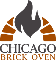 Logo for Chicago Brick Oven. The design features a stylized brick oven with a flame in the center. The words "Chicago" and "Brick Oven" are written below, with "Chicago" in black and "Brick Oven" in orange. The flame and bricks are also in black and orange.