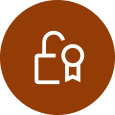 A brown circle icon with a white outline of an unlocked padlock and a ribbon or badge symbol inside the padlock.