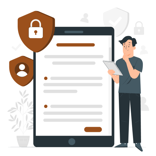 Illustration of a person holding a tablet and standing next to a large smartphone screen displaying text. Surrounding the smartphone are security-themed icons, such as a lock, a shield, and user profiles, emphasizing privacy and data protection. A potted plant is nearby.