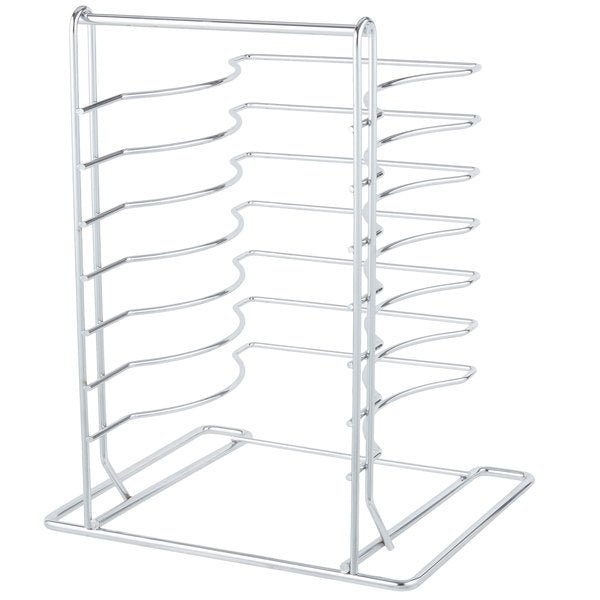 The Chicago Brick Oven 7 Slot Wall Mounted Pizza Pan Rack is a vertical, stainless steel wire organizer with multiple slots designed to hold baking sheets, trays, or cutting boards. Featuring a rectangular base and seven evenly spaced horizontal slots that curve slightly for easy access, it is ideal for commercial kitchens.