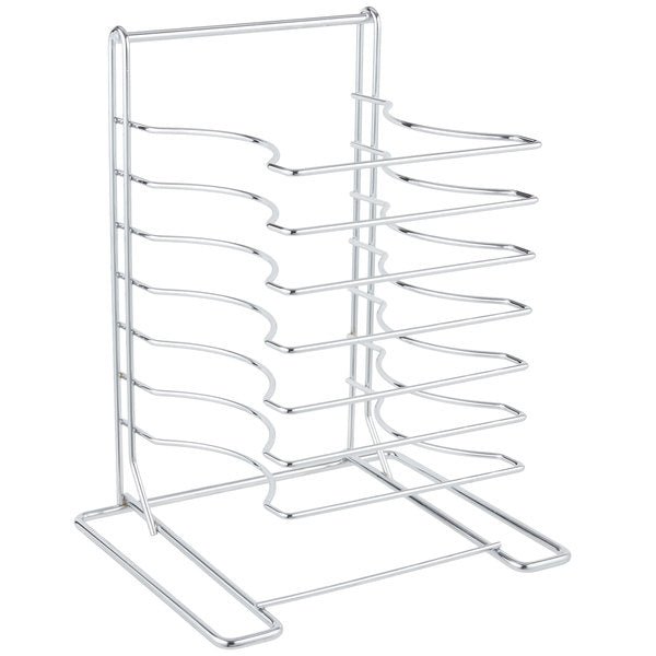 The 7 Slot Wall Mounted Pizza Pan Rack by Chicago Brick Oven is a vertical stainless steel rack featuring six slanted shelves, perfect for a commercial kitchen. Designed for storing items like kitchen trays or files, this open and minimalist structure includes curved bars supporting each shelf, making it an ideal pizza rack.
