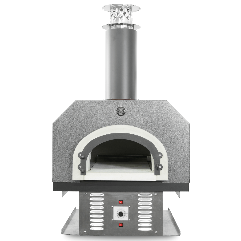The CBO 750 Hybrid Countertop (Residential) No SKIRT by Chicago Brick Oven is a steel, box-shaped pizza oven with a chimney on top. It features a wide opening, white interior, and metallic base with ventilation slits and control knobs. Equipped with FlameRoll technology, this sophisticated wood-fired and gas-powered design is ideal for outdoor pizza oven enthusiasts.