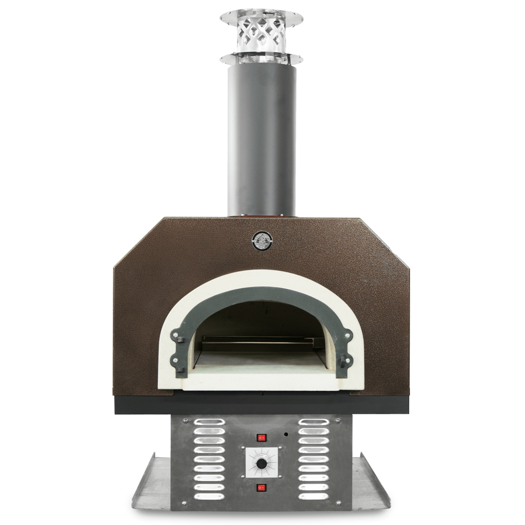 The Chicago Brick Oven CBO 750 Hybrid Countertop oven (Residential) No SKIRT, in a brown and silver finish, features FlameRoll technology and dual fuel options (gas and wood).