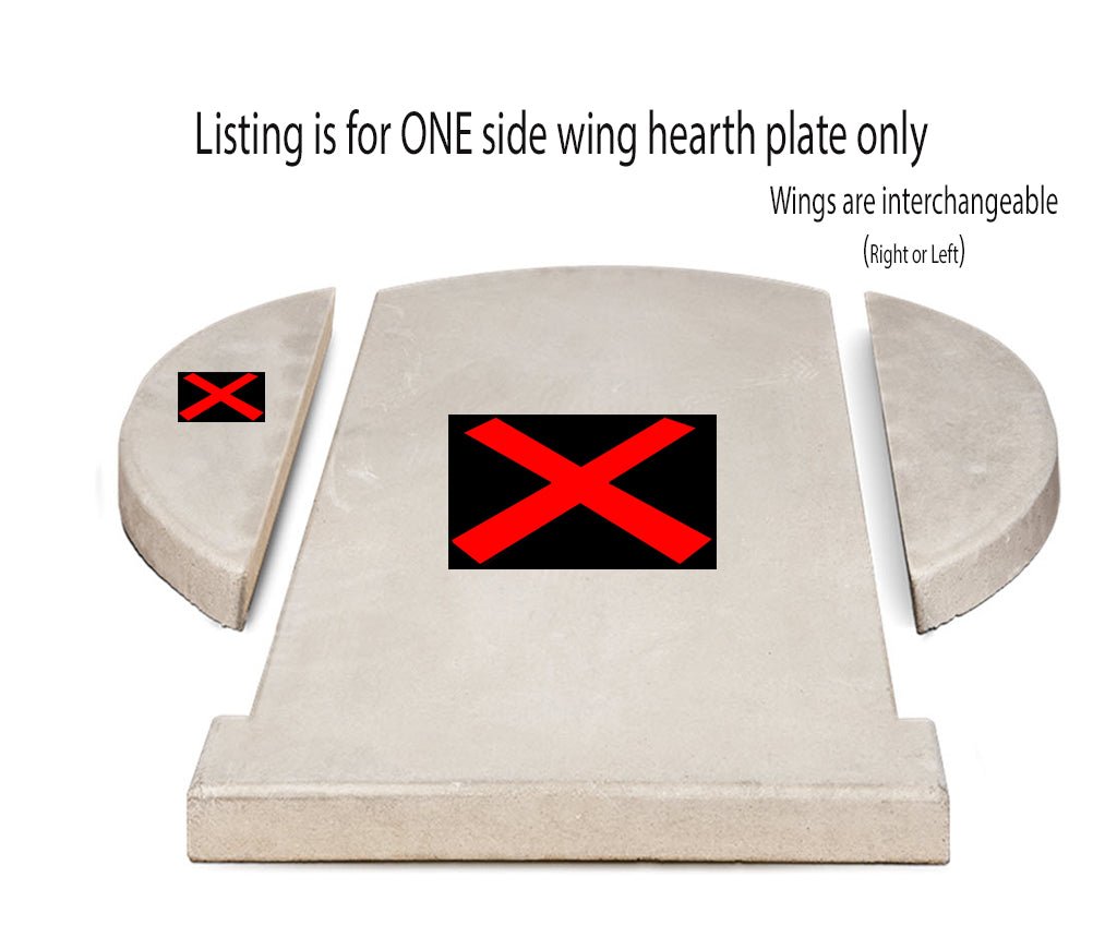 Image showing a disassembled CBO 1000 SIDE WING HEARTH set by Chicago Brick Oven. The central square plate is flanked by two curved side wings, each marked with a red "X." Text above reads, "Listing is for ONE interchangeable side wing hearth plate only - Wings are interchangeable (Right or Left).