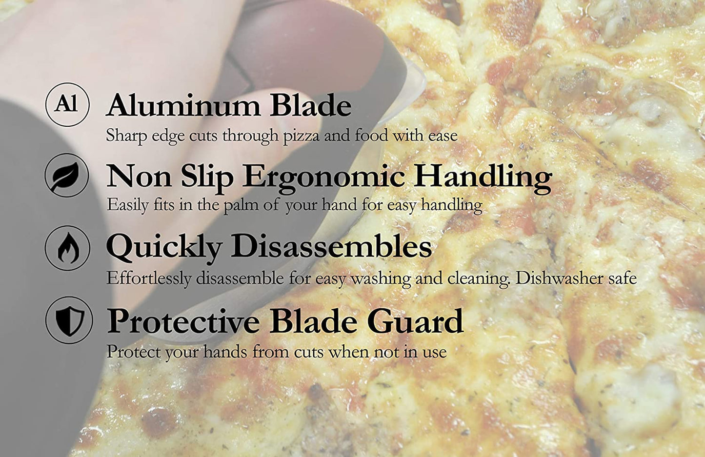 Close-up of a pizza being cut by a person using the Chicago Brick Oven Pizza Cutter with Cover, featuring an ergonomic plastic handle. Text overlays describe features: "Aluminum Blade," "Non-Slip Ergonomic Handling," "Quickly Disassembles," and "Protective Blade Guard." The background showcases the pizza's toppings.