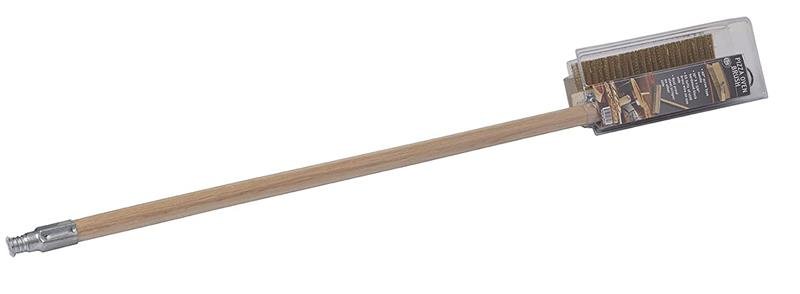 Presenting the BRUSH-1000 by Chicago Brick Oven: a wooden-handled grill brush featuring a metal bristle head and an attached scraper. The handle, designed like those on traditional wire oven brushes, includes a threaded metal connector at the end. A product label affixed to the bristle head identifies this as an indispensable cleaning tool for your wood-burning brick oven.