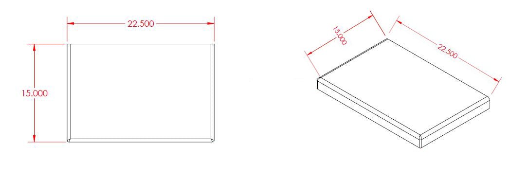 Two technical drawings of the Americano Cast Hearth Brick by Chicago Brick Oven. The left drawing is a 2D top view showing dimensions of 22.500 by 15.000. The right drawing is a 3D perspective view displaying the same dimensions: 22.500 for the length and 15.000 for the width, ensuring maximum durability with refractory cast brick construction.