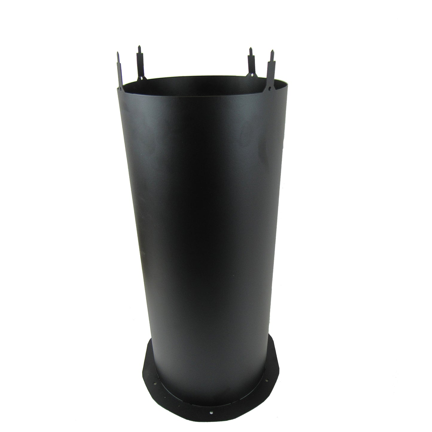 A cylindrical black metal object with a flanged base, featuring four upward-pointing prongs at the top. Resembling the 500 Cosmetic Stack by Chicago Brick Oven, this piece appears to be part of industrial or mechanical equipment, possibly serving as a stainless steel chimney flue pipe.