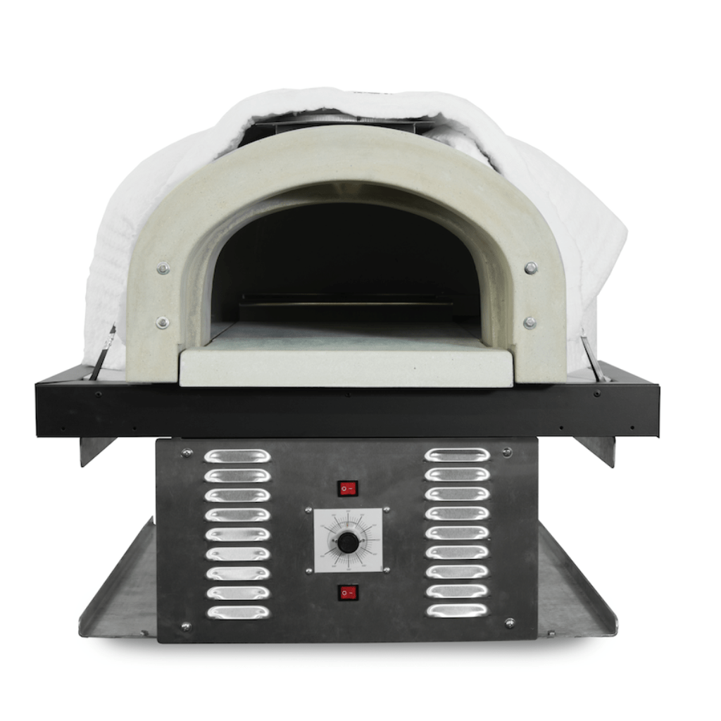 Front view of the Chicago Brick Oven CBO 750 Hybrid DIY Kit (Commercial) with a black and stainless steel exterior. This dual-fuel (gas and wood) oven boasts a digital control panel at the bottom, featuring a temperature knob and red display lights. The opening reveals a stone baking surface inside, perfect for outdoor pizza ovens.