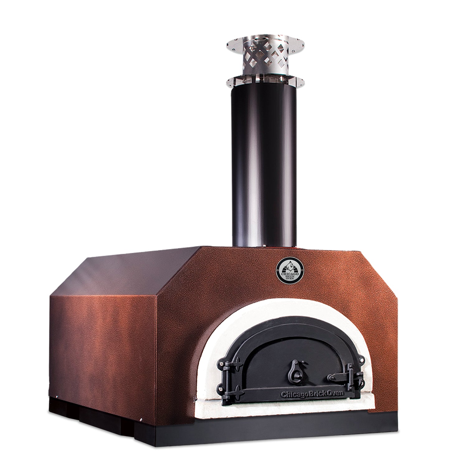The CBO 500 Countertop Wood Fired Pizza Oven by Chicago Brick Oven features a stainless steel design with a wood-fired chimney stack. It has a rectangular base with a bronze finish, a black and white arched door, and is constructed from commercial-grade refractory cement for durability. The logo and "Chicago Brick Oven" are prominently displayed on the door. The cooking surface measures 27 inches by 22 inches.