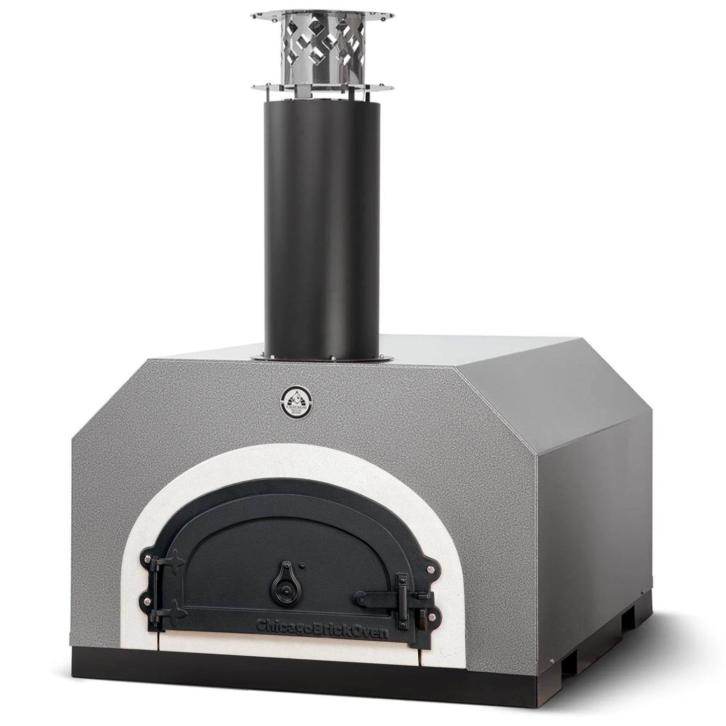 The CBO 500 Countertop Wood Fired Pizza Oven by Chicago Brick Oven boasts a modern, metallic design with clean lines and a matte finish, making it suitable for both home and commercial use. Featuring a black, cylindrical chimney and a front-loading door with a handle, this wood-burning oven is crafted with commercial-grade refractory cement to ensure optimal heat retention and durability. The cooking surface measures 27" x 22".