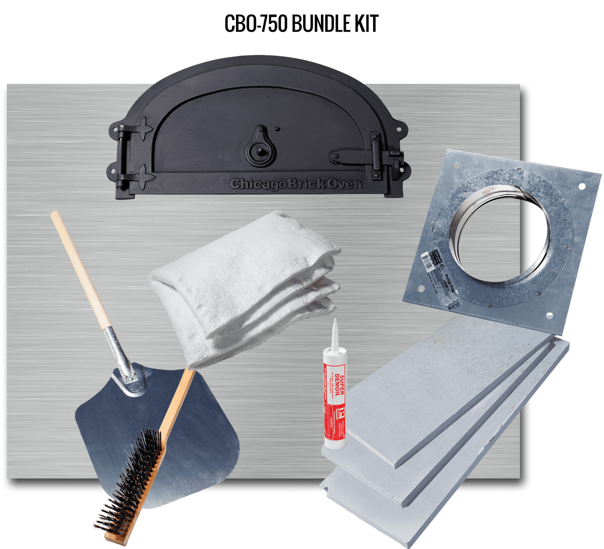 Displayed is an assortment of oven-building tools tailored for the Chicago Brick Oven's CBO 750 Hybrid Countertop (Residential), featuring dual fuel capabilities (gas and wood): a black oven door with the "Chicago Brick Oven" label, a metal oven flue collar, a flat brush and pizza peel combination tool, heat-resistant insulation, an adhesive tube, and rectangular silver panels—perfect for constructing outdoor wood-fired pizza ovens with FlameRoll technology.