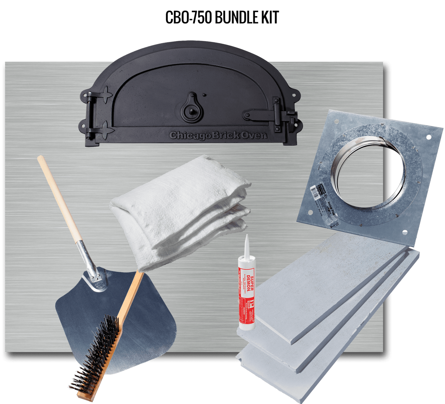 Image of a pizza oven door with the text "Chicago Brick Oven," several large gray bricks, a metal vent, a tube of caulk, a metal pizza peel with a wooden handle and brush on the back, and a bundle of folded white fabric. This setup showcases elements essential for high-performance outdoor pizza ovens featuring Chicago Brick Oven's CBO 750 Mobile Stand and Signature FlameRoll technology.