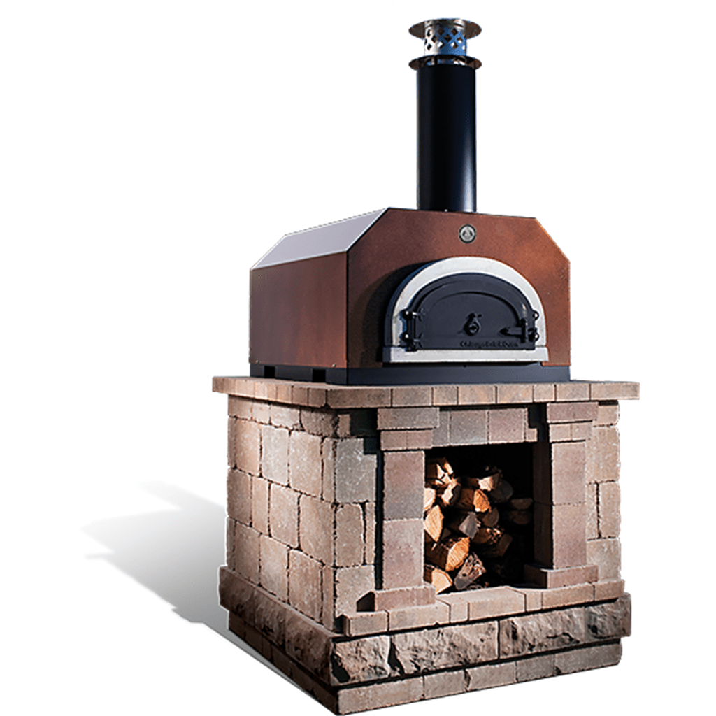 The CBO 500 Countertop Wood Fired Pizza Oven by Chicago Brick Oven sits atop a sturdy brick stand. Made from commercial grade refractory cement, the oven showcases a sleek metal exterior, a cylindrical chimney, and an arched front door. The brick base includes convenient storage space underneath for housing firewood. The cooking surface measures 27" x 22".