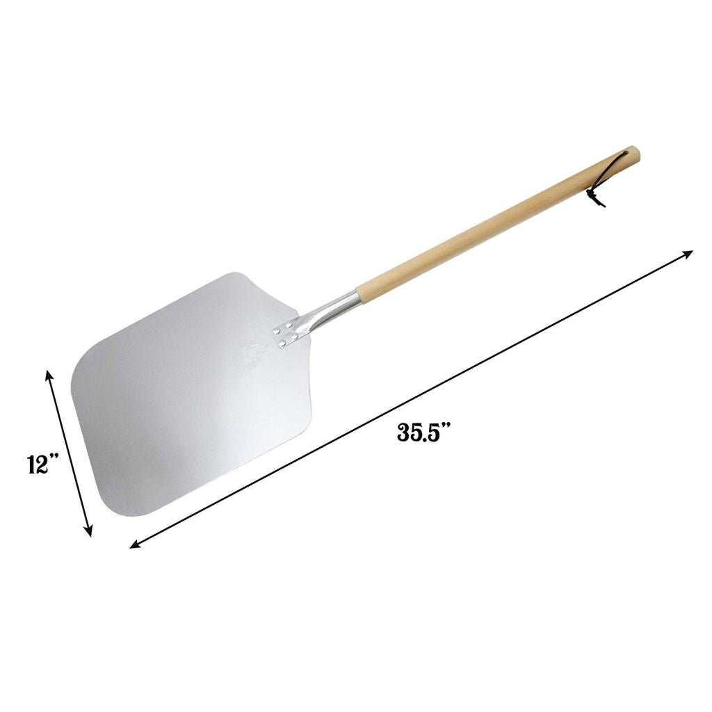 The Chicago Brick Oven Pizza Peel is an essential pizza oven accessory featuring a large, flat, rectangular aluminum metal paddle that measures 12 inches by 14 inches. The total length of this pizza shovel is 35.5 inches, and it comes with a detachable 21-inch wooden handle.