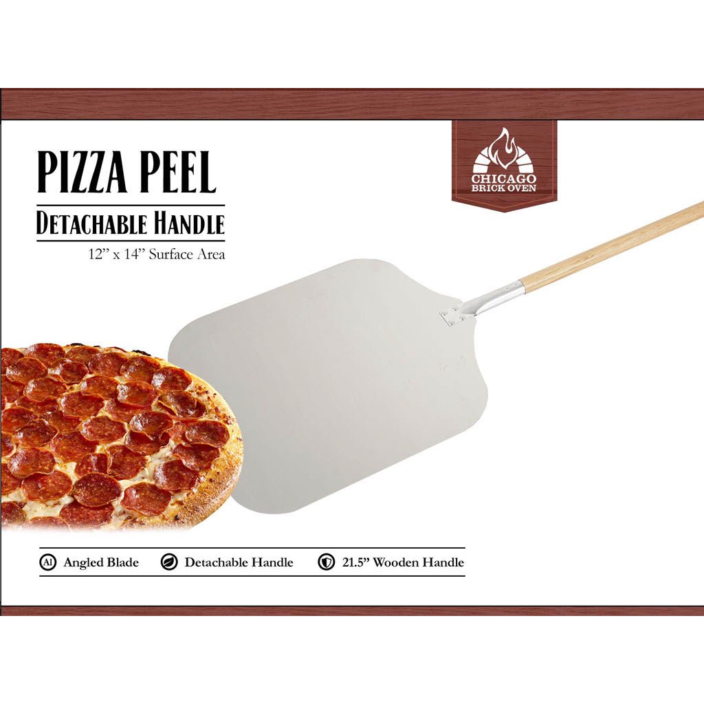 An image of the Chicago Brick Oven Pizza Peel—or pizza spatula—highlighting a 12"x14" surface area with a detachable 21" wooden handle and angled blade. The Chicago Brick Oven logo is displayed. A pepperoni pizza is shown partially on the peel. The text reads "Chicago Brick Oven Pizza Peel, Detachable Handle.