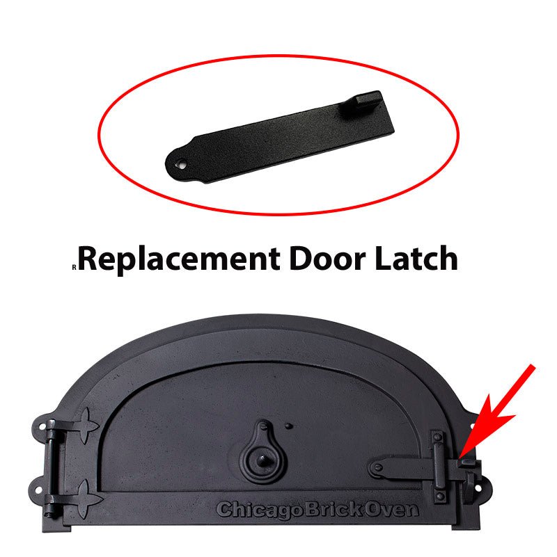 The image displays the "Latch" for the CBO Decorative Door by Chicago Brick Oven. At the top, a black rectangular latch piece is shown within a red oval. Below, the installation location on the oven's decorative door is indicated by a red arrow.