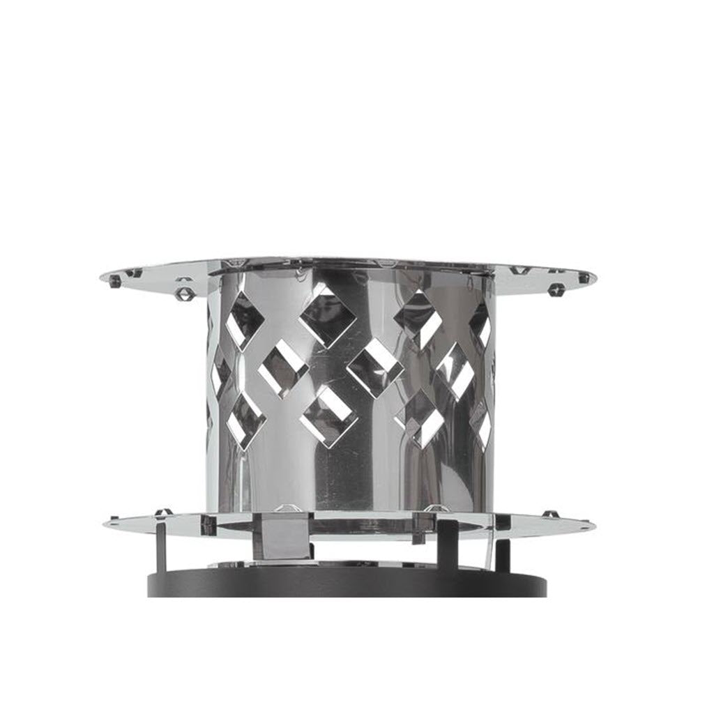 The Cosmetic Stack Cap by Chicago Brick Oven is a shiny, cylindrical metal object featuring diamond-shaped cutouts around its surface and a sleek stainless steel cap. It boasts a flat, round top and bottom supported by bolts or screws at regular intervals, giving it a geometric, industrial look.