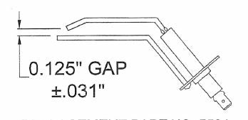 The technical drawing depicts an Ignitor - Spark Electrode For Ambient Burner from Chicago Brick Oven, showing a labeled gap of 0.125 inches, with a tolerance of plus or minus 0.031 inches. The diagram illustrates the measurement between two parts, emphasizing the required clearance for optimal sensor performance.