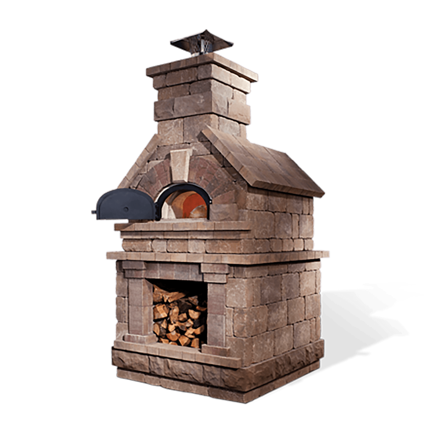 The CBO 750 DIY Kit by Chicago Brick Oven, our most popular bundle, features a beautifully rustic design with a wood storage area below its high-performance outdoor pizza oven and a chimney on top. The oven door is open, revealing the 38" x 28" cooking surface, while the storage section is filled with chopped firewood.