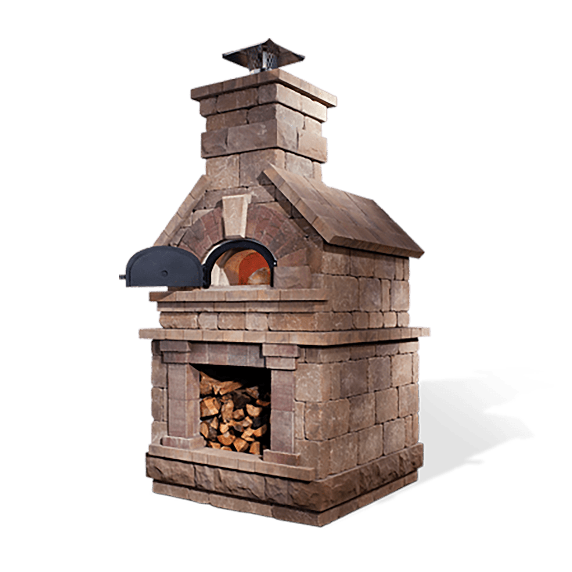 The CBO 750 DIY Kit by Chicago Brick Oven, our most popular bundle, features a beautifully rustic design with a wood storage area below its high-performance outdoor pizza oven and a chimney on top. The oven door is open, revealing the 38" x 28" cooking surface, while the storage section is filled with chopped firewood.