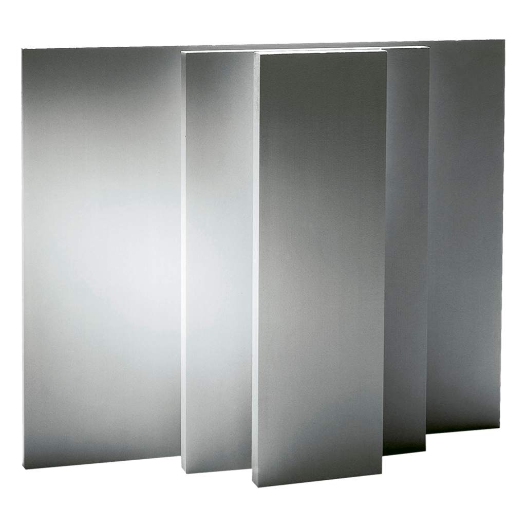 Four 1" x 12" x 36" insulating boards from Chicago Brick Oven are standing upright against a white background, arranged in a slightly staggered formation. The boards have a sleek, smooth surface with a metallic sheen, showcasing high mechanical strength.