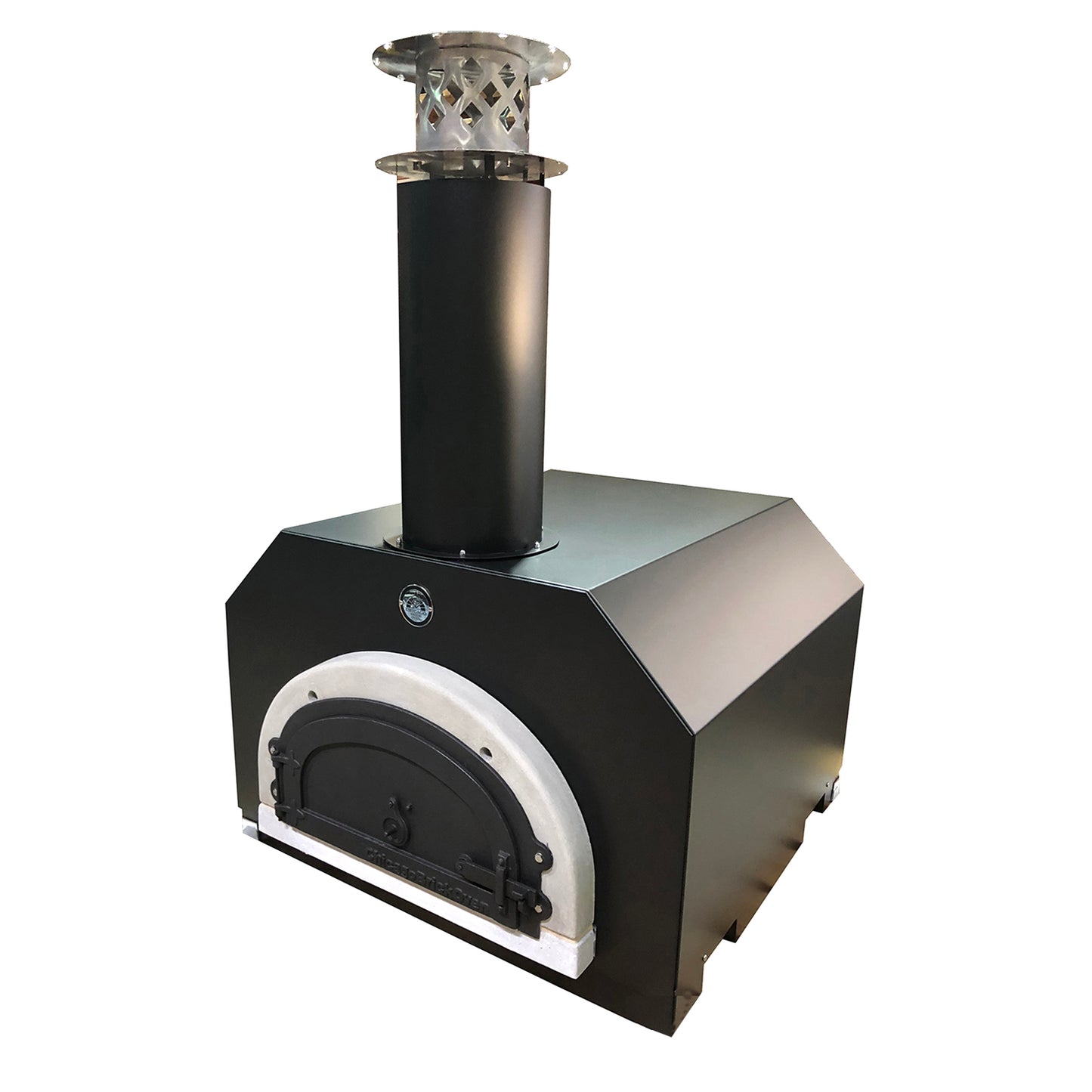 Introducing the Chicago Brick Oven CBO 500 Countertop, a high-performance black outdoor wood-fired pizza oven. It boasts a FlameRoll® stainless steel chimney and a convenient temperature gauge on the front. The oven features a sleek rectangular body with a traditional arched cooking chamber door, providing an efficient 27" x 22" cooking surface for all your culinary endeavors.