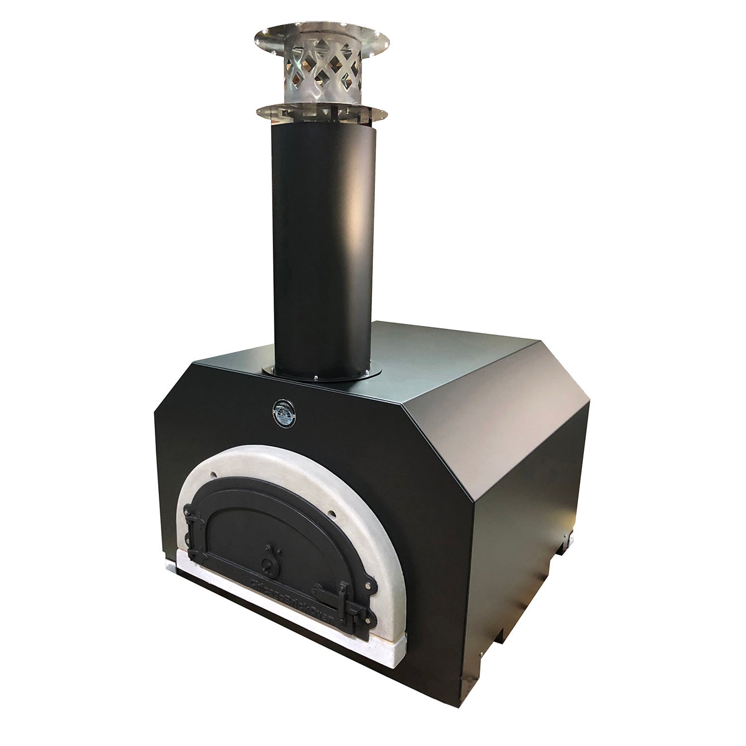 Introducing the Chicago Brick Oven CBO 500 Countertop, a high-performance black outdoor wood-fired pizza oven. It boasts a FlameRoll® stainless steel chimney and a convenient temperature gauge on the front. The oven features a sleek rectangular body with a traditional arched cooking chamber door, providing an efficient 27" x 22" cooking surface for all your culinary endeavors.