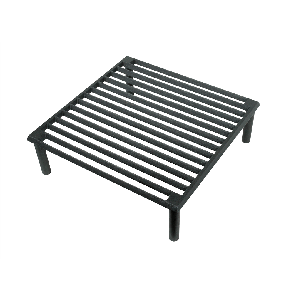Introducing the Tuscan Cast Iron Grill by Chicago Brick Oven: a black cast iron grate with horizontal bars and four cylindrical legs, perfect for use as a grill rack or trivet. This rectangular structure is elevated off the surface, ensuring optimal air circulation or heat distribution beneath it. Ideal for enthusiasts of Steven Raichlen’s grilling techniques.