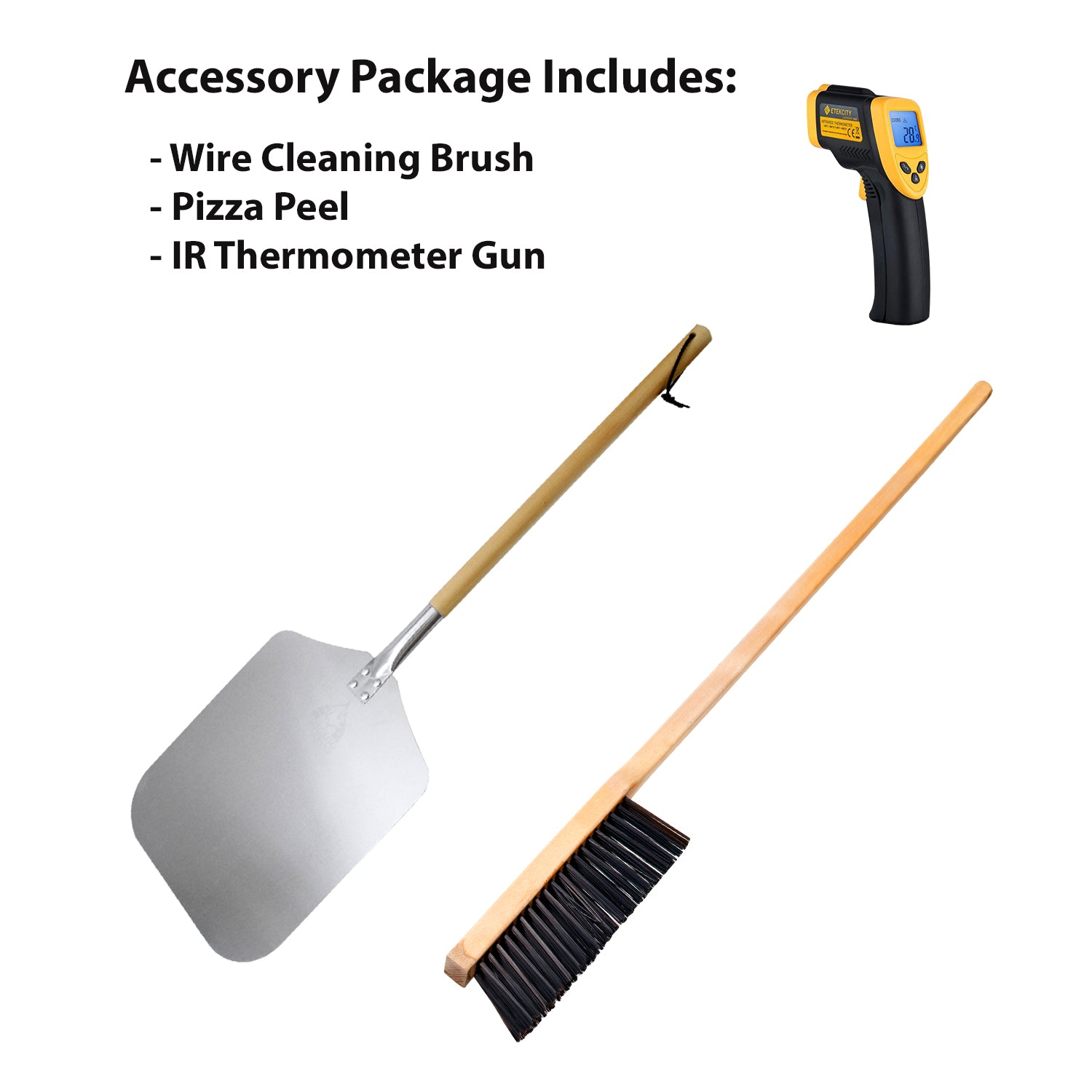 Image showcasing the CBO 500 Countertop by Chicago Brick Oven, featuring a wire cleaning brush, a metal-surfaced pizza peel with a wooden handle, and an infrared thermometer gun. Ideal for wood-burning or outdoor pizza ovens, the accessories are neatly displayed against a plain white background with text listing the included items.