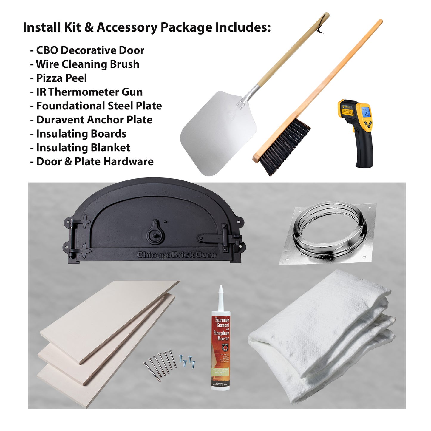 Image of the CBO 500 DIY Kit and accessories for Chicago Brick Oven's outdoor pizza ovens. The package includes a decorative door, wire cleaning brush, pizza peel, IR thermometer gun, foundational steel plate, anchor plate, insulating boards made of refractory cement, blanket, and door/plate hardware—all displayed in a layout. This kit features a 27" x 22" cooking surface that combines flexibility with affordability.