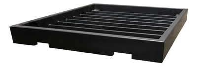 Introducing the CBO-1000 Countertop Box/Tray by Chicago Brick Oven: This black metal pallet features a rectangular frame with evenly spaced parallel bars inside. Crafted from welded steel, it has a solid outer border with cutouts on each side, designed to support heavy objects or containers. The background is white.