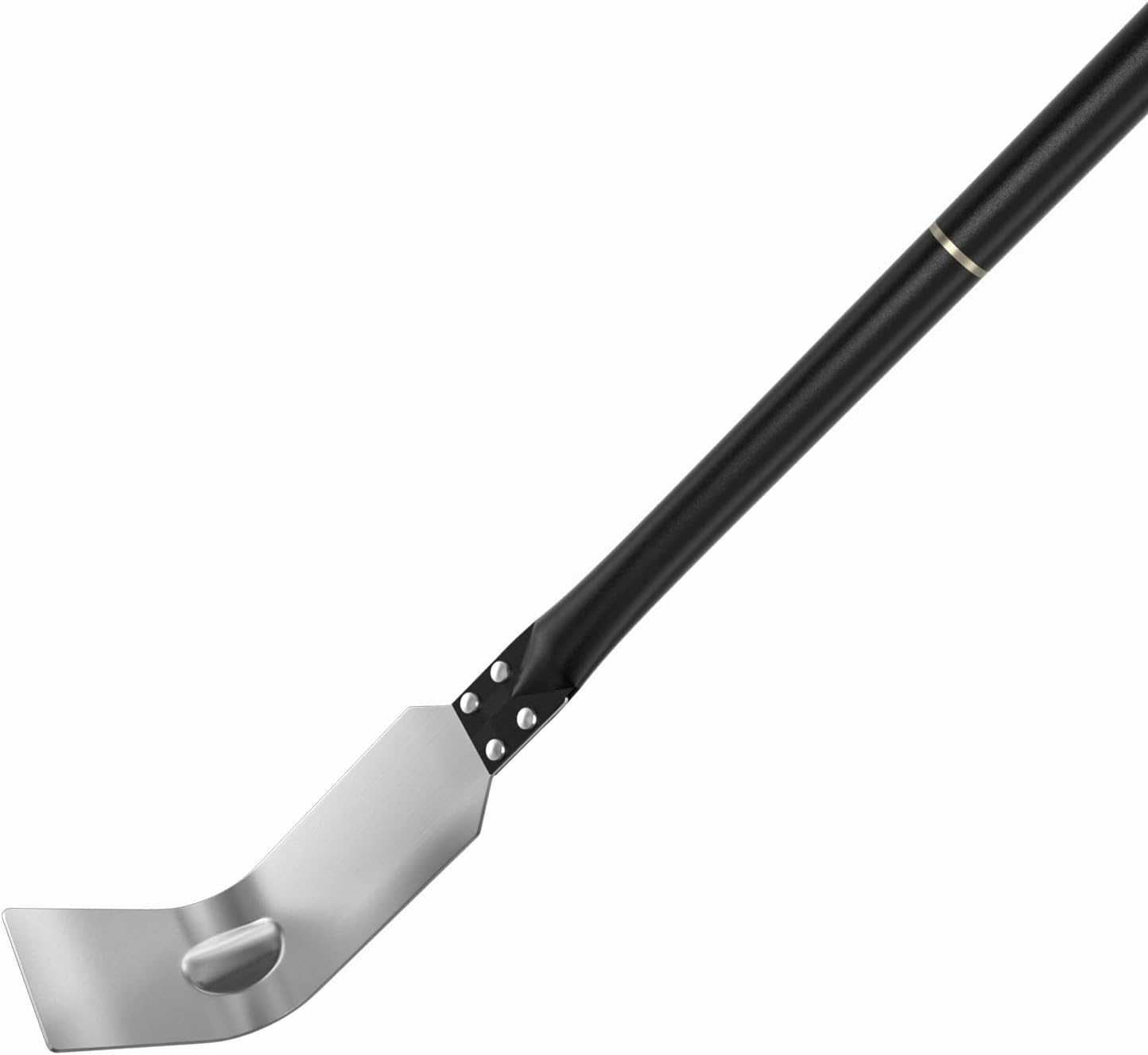 Image shows a Chicago Brick Oven 47" stainless steel ash hook with a 3-piece aluminum handle. The ash rake features a flat, angled blade with a small protruding ledge on one side. The handle appears to be made of smooth, durable material and includes a small gold-colored stripe near the blade end.