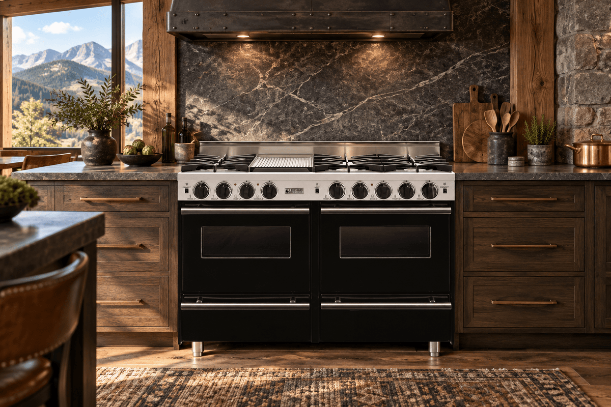 48" All-Gas Range - Open Burners Black with 48" by Chicago Brick Oven