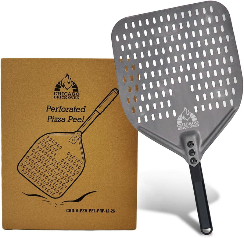 Perforated Pizza Peel - 12"x15" Anodized Aluminum Pizza Steel, 11" Handle, 26" Overall Length with Accessories by Chicago Brick Oven