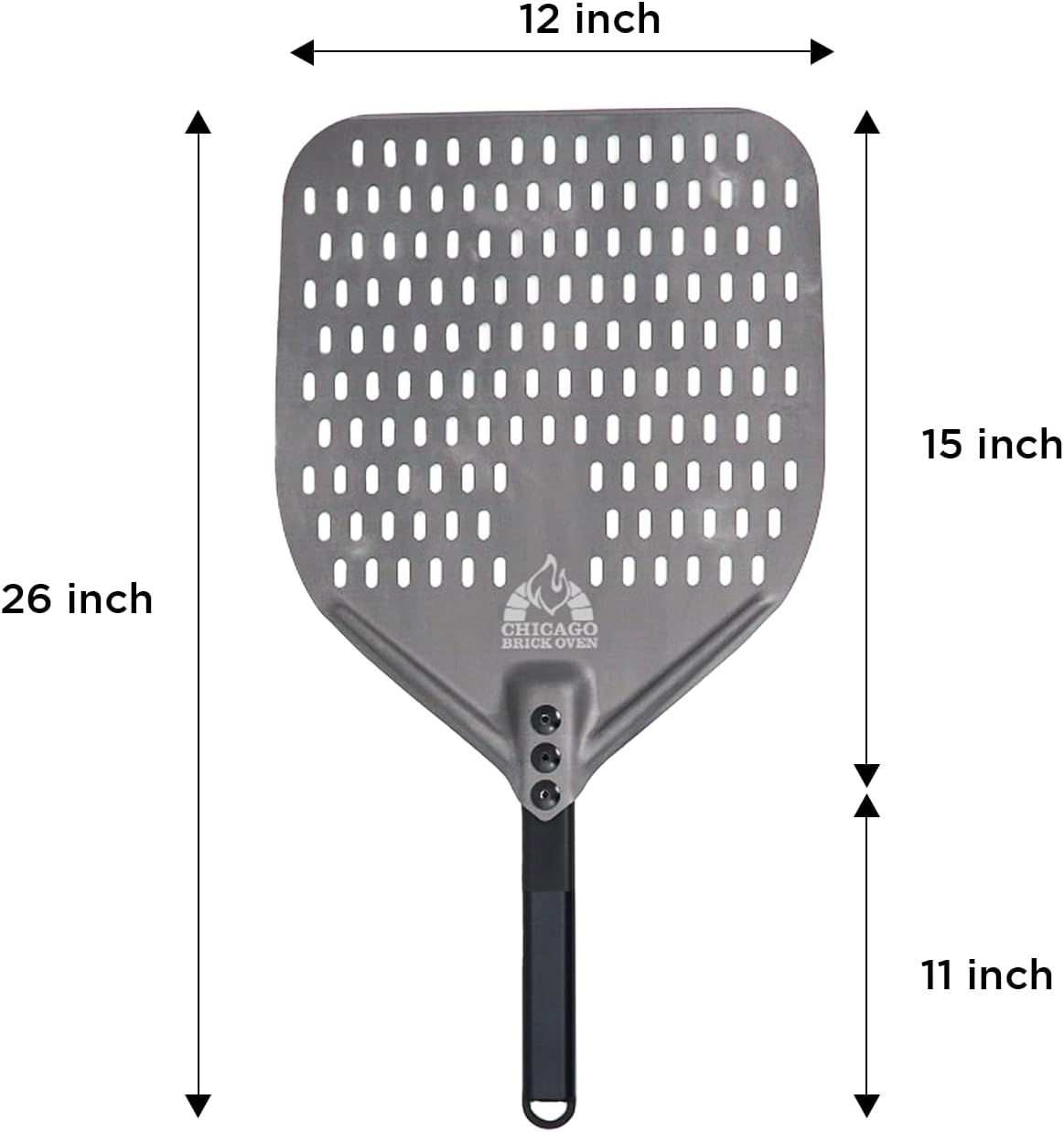 Perforated Pizza Peel - 12"x15" Anodized Aluminum Pizza Steel, 11" Handle, 26" Overall Length