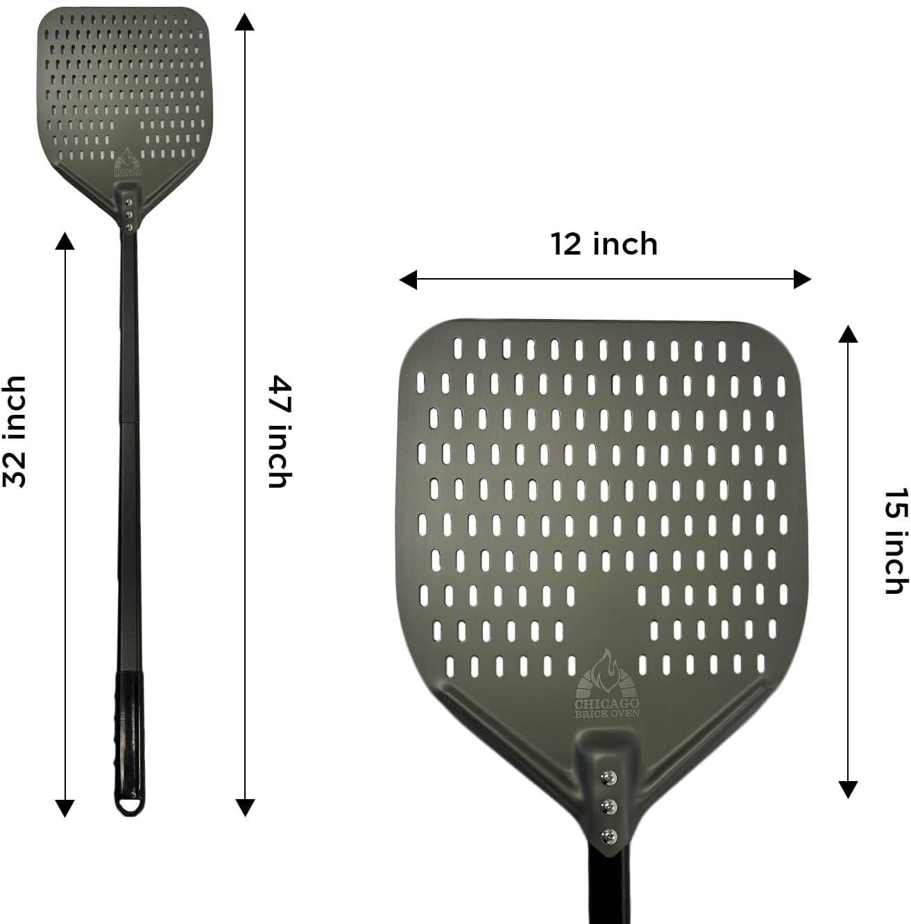 Perforated Pizza Peel - 12"x15" Anodized Aluminum Pizza Steel, 32" Handle, 47" Overall Length