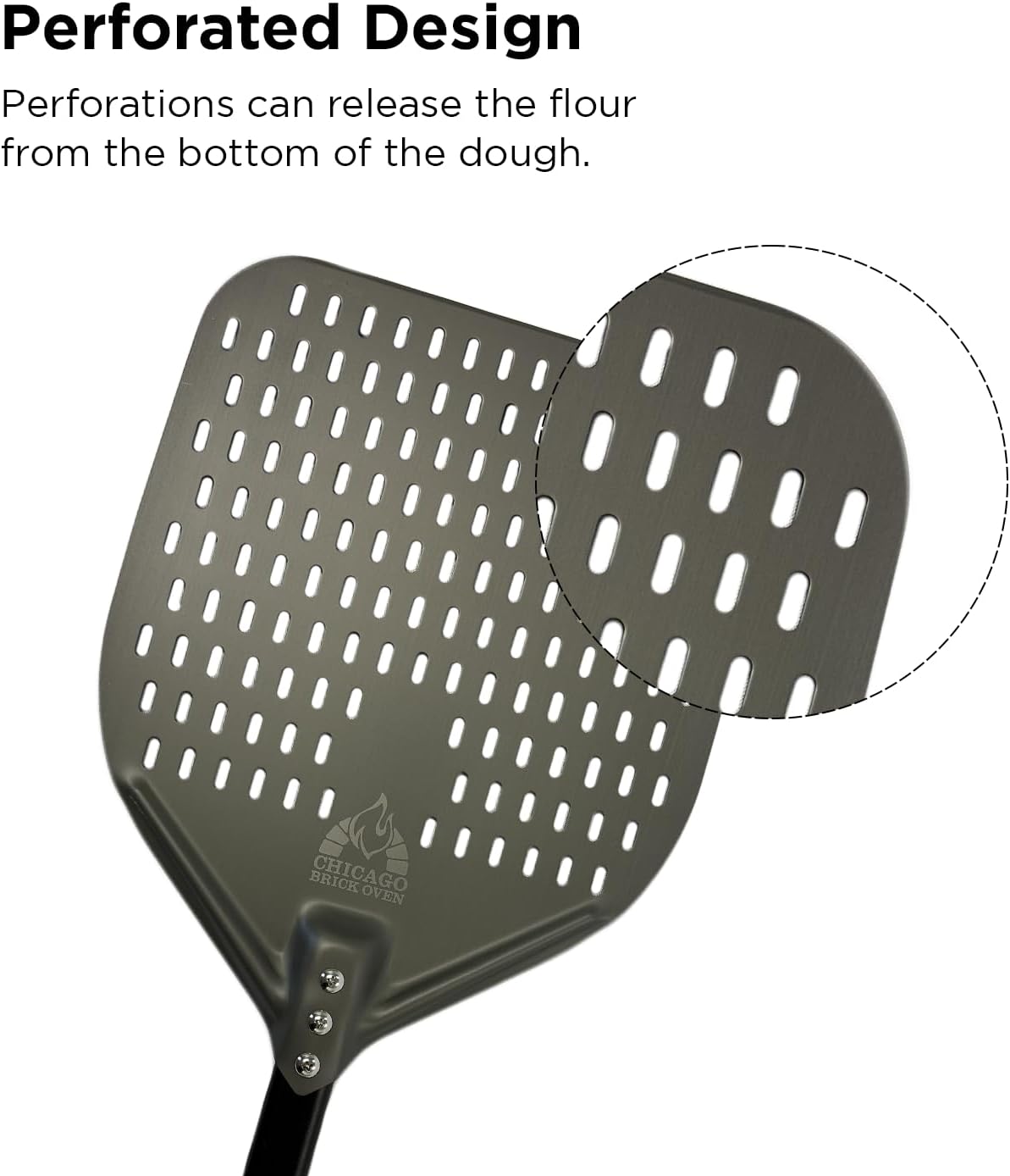 Perforated Pizza Peel - 12"x15" Anodized Aluminum Pizza Steel, 32" Handle, 47" Overall Length