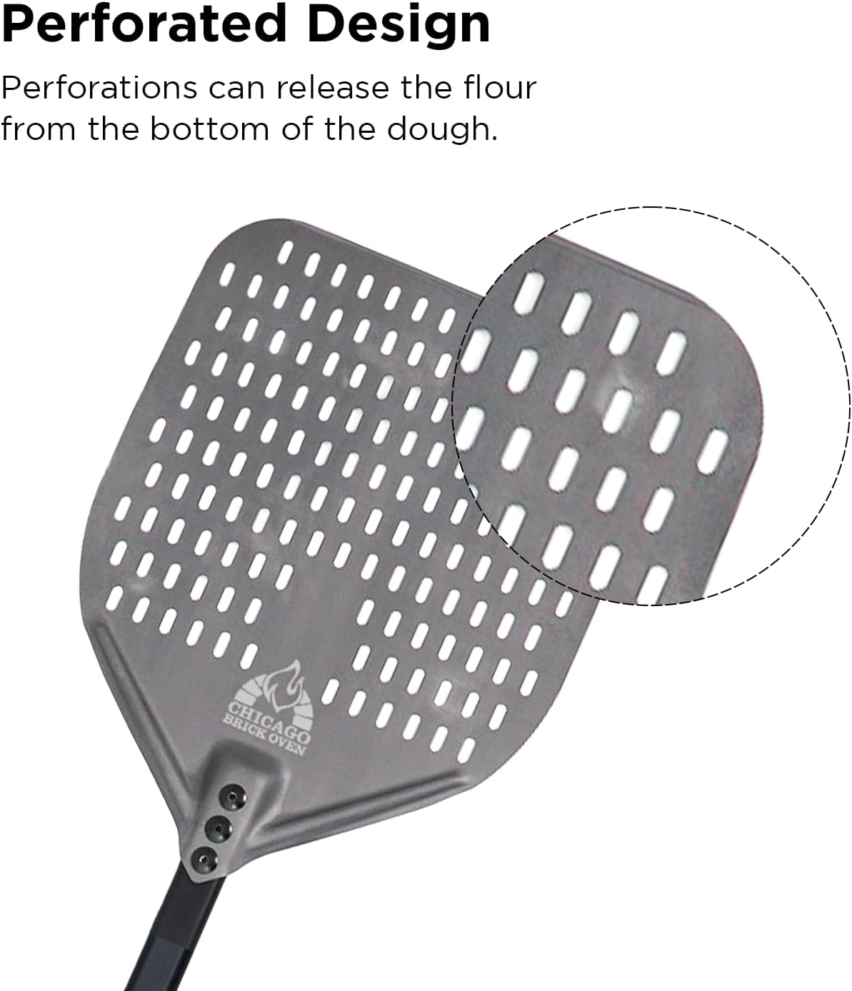 Perforated Pizza Peel - 12"x15" Anodized Aluminum Pizza Steel, 11" Handle, 26" Overall Length