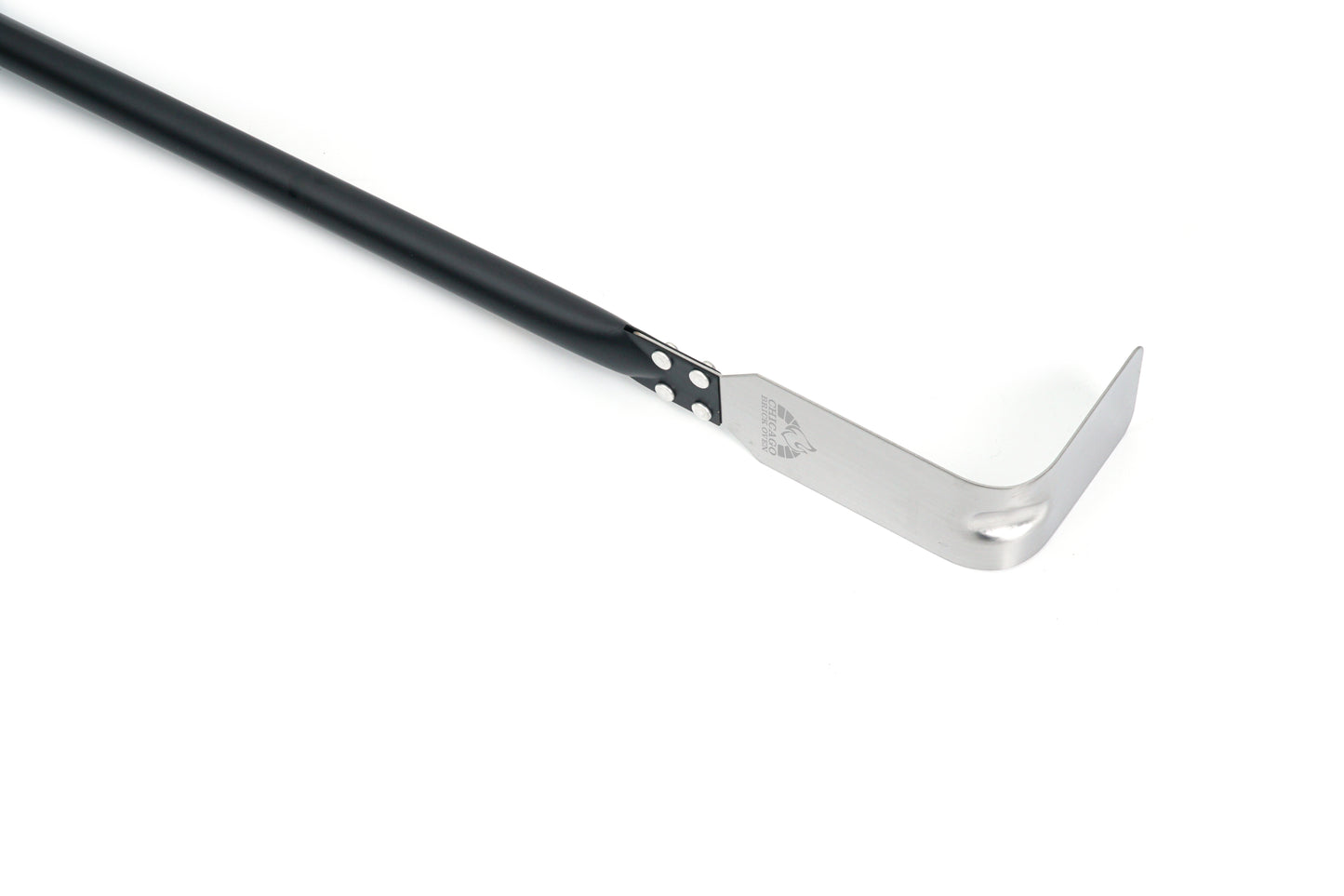 Image of the Chicago Brick Oven 47" Stainless Steel Ash Hook with a black metal shaft and a sharp, angled, stainless steel blade at the end. The blade is positioned in an L-shape, likely intended for cutting or trimming. The handle features a textured grip for ease of use.