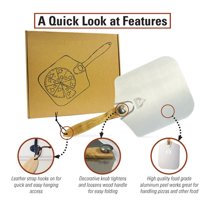 An image showcasing the features of the Chicago Brick Oven Aluminum Pizza Peel 12" x 14" with Foldable Wooden Handle. It includes a cardboard box displaying a pizza drawing, and the aluminum pizza peel with a wooden handle. The diagram points to a leather strap hook and decorative knob, emphasizes the quality of the aluminum paddle, and highlights its foldable handle.