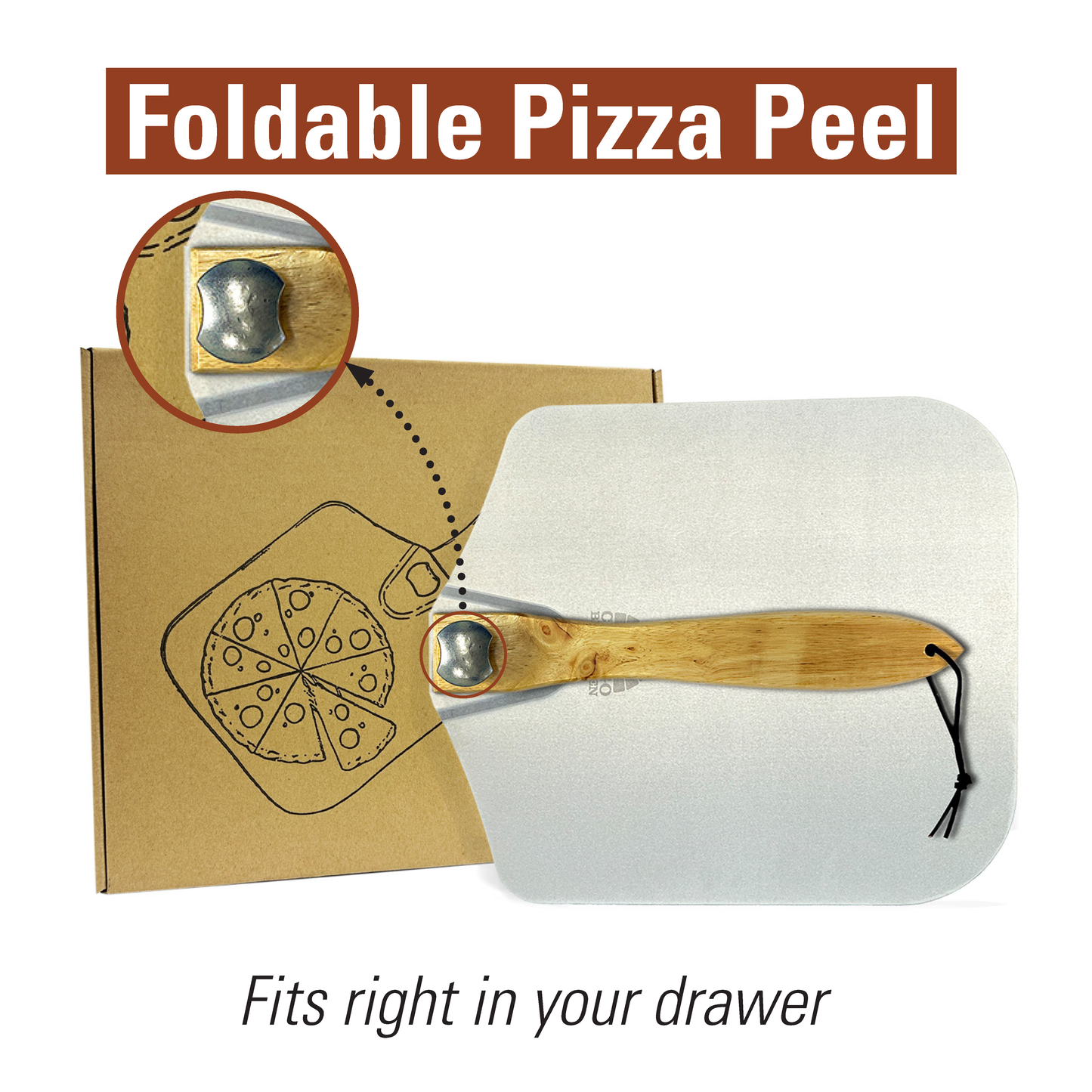 On its packaging, the Chicago Brick Oven Aluminum Pizza Peel 12" x 14" with Foldable Wooden Handle - 25" Long is displayed. The metal blade can be easily folded for convenient storage. Text on the image reads, "Foldable Pizza Peel" and "Fits right in your drawer.