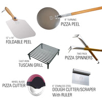 Image displaying the Chicago Brick Oven accessory bundle, "CBO – The Apprentice," on a white background, with each tool labeled by name. Items shown include a 12" x 14" foldable CBO Peel, 9" turning pizza peel, cast iron Tuscan Grill, two-pack pizza spinners, CBO Pizza Cutter Wheel, and a 6" stainless steel dough cutter/scraper with ruler.
