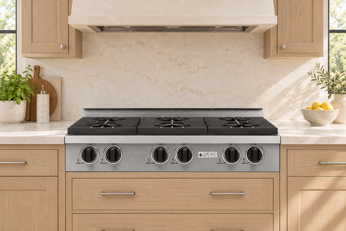 Stainless steel 36-inch rangetop with six sealed burners and silver trim installed above light oak drawers in a bright ivory kitchen