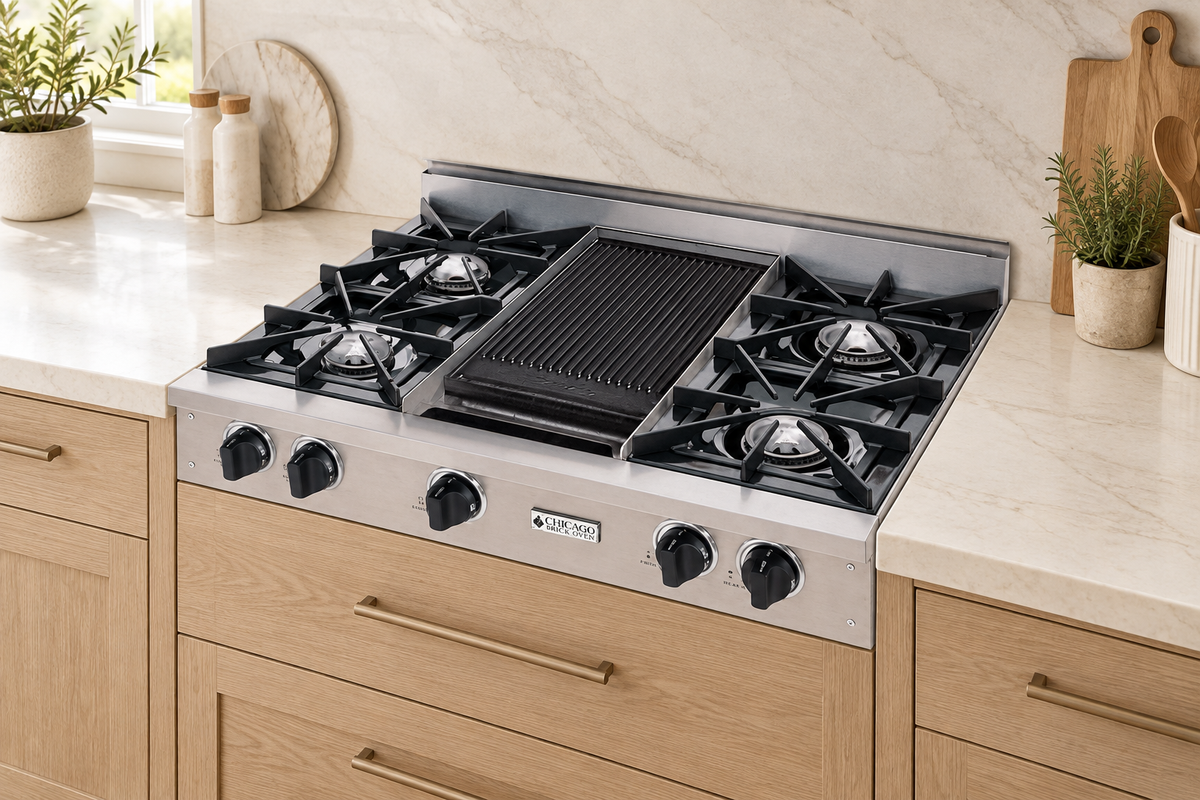 Stainless steel 36-inch rangetop with 4 open burners, griddle and silver trim installed above light oak drawers in a bright ivory kitchen